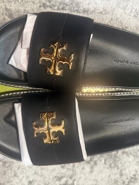 Tory Burch Black Men's Slide Sandals with Gold Logo Accent